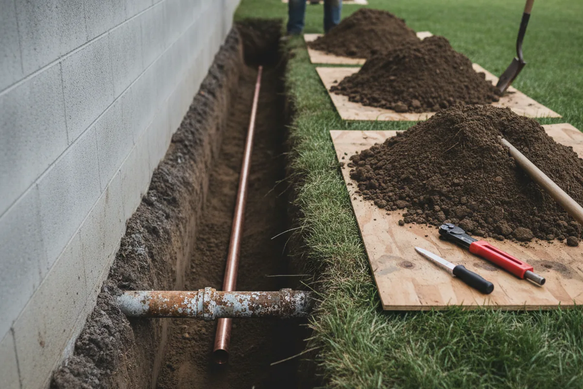Excavated water line trench during Water Heater Repair in Leslie